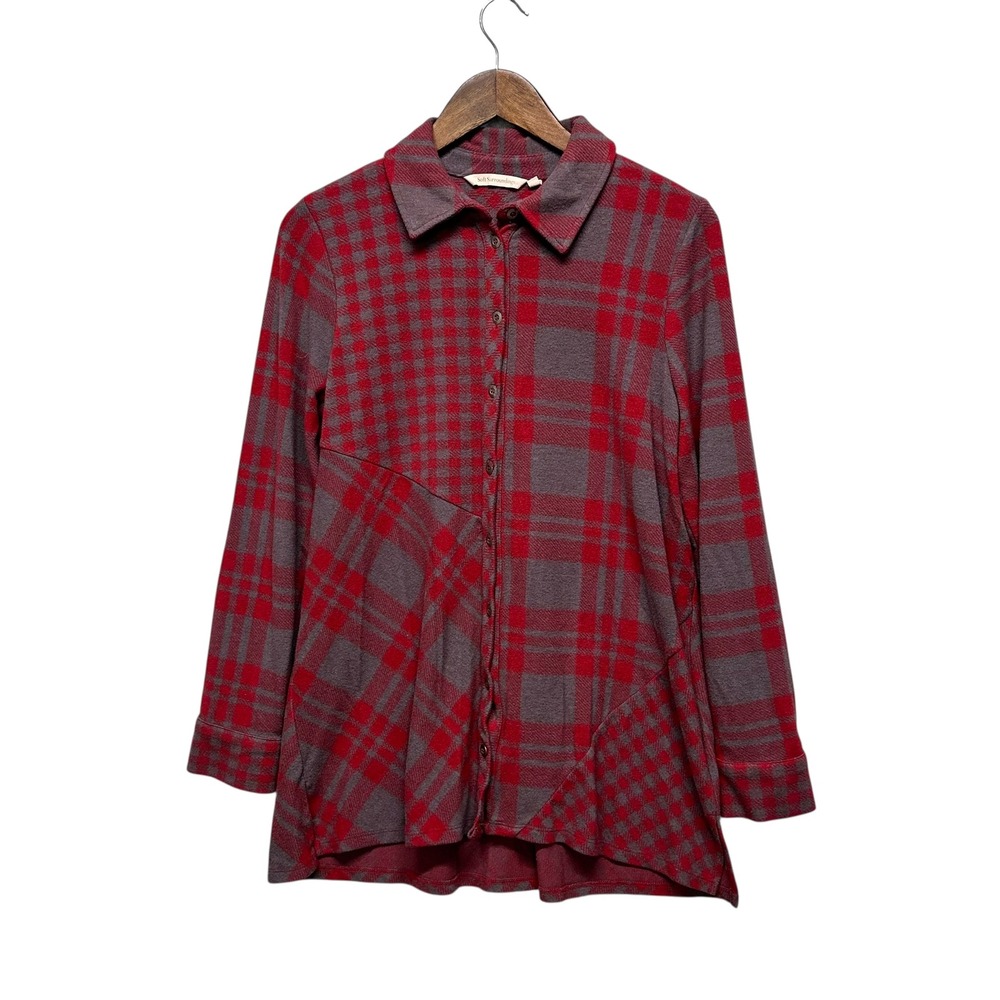 Soft Surroundings Women‎ Top Sz M Long Sleeve Red Plaid Button Up Tunic Popover